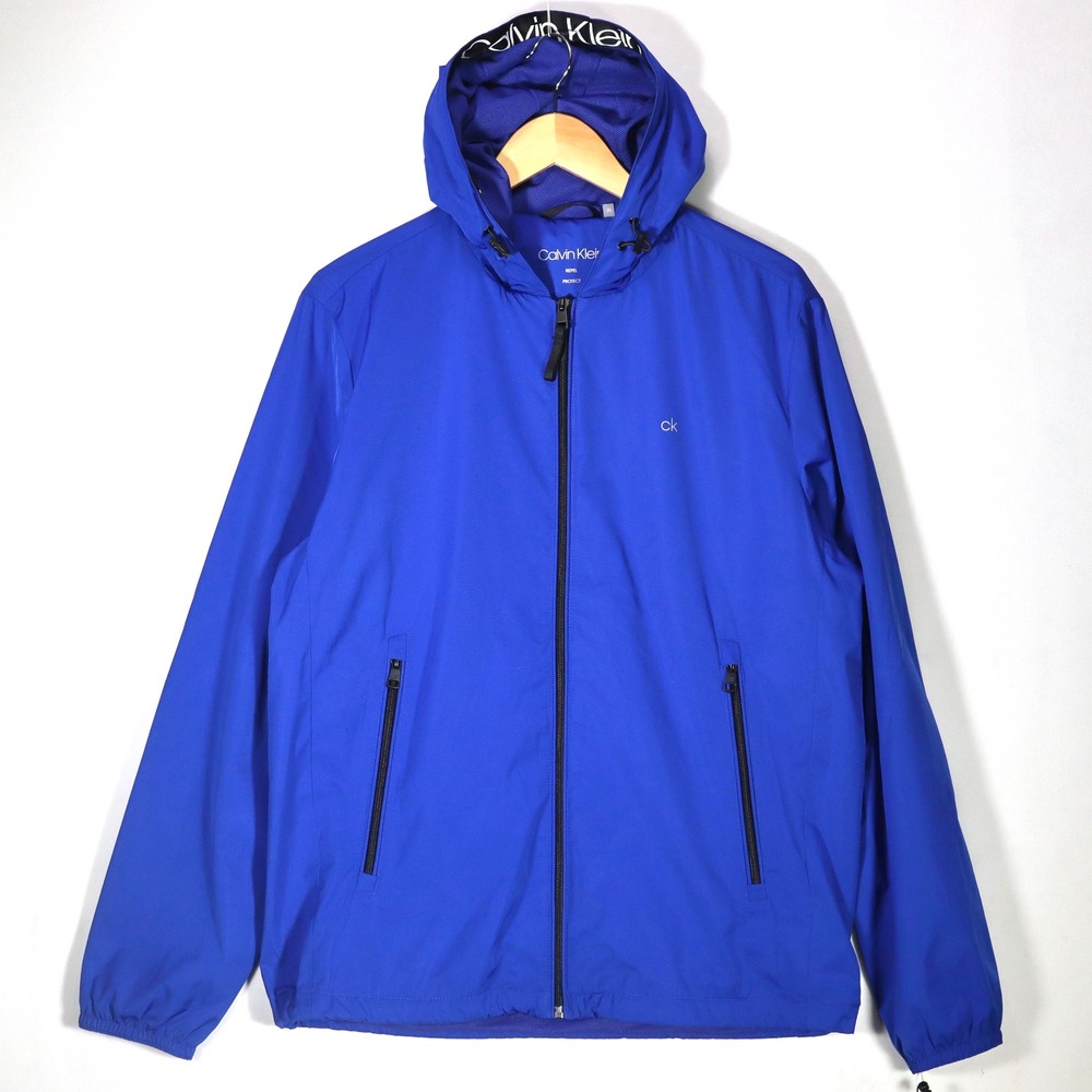 Calvin Klein Windbreaker Mens M Royal Blue NWT Full Zip Hooded Logo Tape Jacket